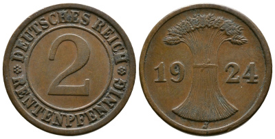 ГЕРМАНИЯ 2 РЕНТЕНПФЕННИГА 1924 J KM 31, J.307 бронза 93-642