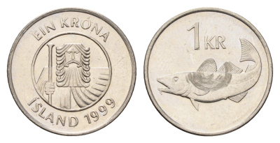 Исландия 1 крона 1999 треска KM 27a сталь плакированная никелем UNC 4674-646