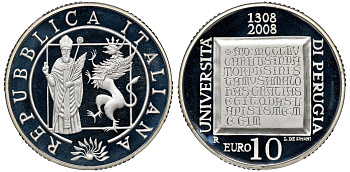 Италия 10 евро 2008 700 лет Университету Перуджиа, в оригинальной коробке с сертификатом KM 306 серебро PROOF 4-3-2-06