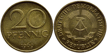 ГДР 20 пфеннигов 1969 А, первый год KM 11 латунь UNC 4398-1046