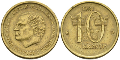 Швеция 10 крон 1991 D, Карл XVI Густав (1973- ) KM 877 медь алюминий цинк 4592-146