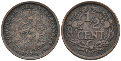 Нидерланды 1/2 цента 1930 Вильгельмина (1890-1948) KM 138 бронза    4169-241