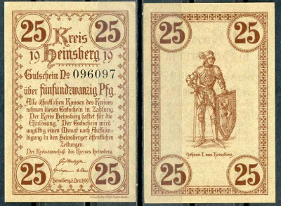 Германия, Хайнсберг 25 пфеннигов 1919 нотгельд, 5.12.1919 Tieste 2900/01 бумага UNC (пресс) 8614-41-3-1
