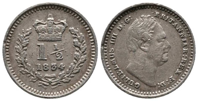 Великобритания 1 1/2 пенса 1834 Вильгельм IV (1830-1837) KM 719, Spink 3839 серебро 1518-642
