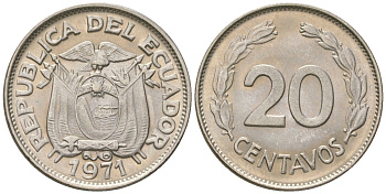Эквадор 20 сентаво 1971 KM 77.1c сталь плакированная никелем aUNC 4611-714