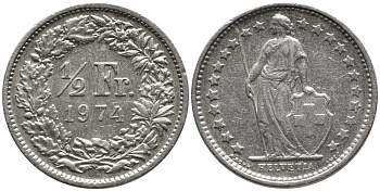 Швейцария 1/2 франка 1974 KM 23а.1 медно-никель 4528-559