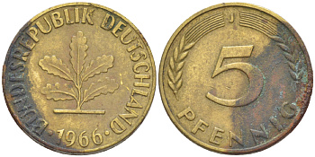 ФРГ 5 ПФЕННИГОВ 1966 J KM 107, J. 382 сталь плакированная латунью 4181-916