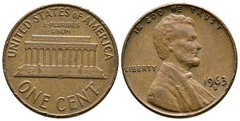 США 1 ЦЕНТ 1963 D, ЛИНКОЛЬН KM 201 медь цинк 93-1223