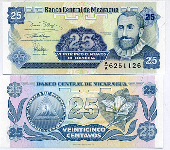 Никарагуа 25 сентаво 1991 Франсиско Эрнандес де Кордоба Pick 170 a бумага UNC (пресс) 7547-10-3