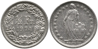 Швейцария 1/2 франка 1974 KM 23а.1 медно-никель 4528-559