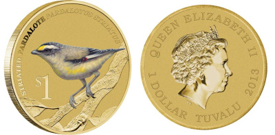 Тувалу 1 доллар 2013 серия Австралийские водяные птицы, полосатая радужная птица (Pardalotus striatus), эмаль KM 204 алюминиевая бронза UNC M40-15