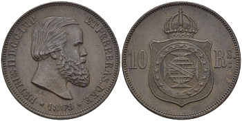Бразилия 10 реалов (рейсов) 1869 Брюссель, Педро II KM 473 бронза     72-612