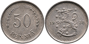 ФИНЛЯНДИЯ 50 ПЕННИ 1938 S KM 26 медно-никель 4387-523