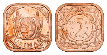 Суринам 5 центов 2010 тираж 1000 экземпляров KM 12b сталь плакированная медью BU 4649-957