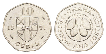 Гана 10 седи 1991 год-тип KM 29 сталь плакированная никелем UNC 4651-855