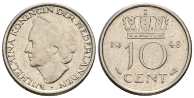 Нидерланды 10 центов 1948 Вильгельмина (1895-1948) KM 177 никель 220-539