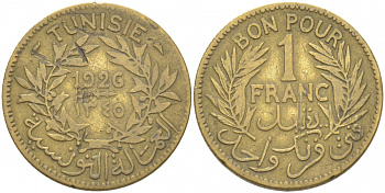 Тунис 1 франк 1926 французский протекторат KM 247 алюминиевая бронза 4402-714