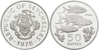 Сейшельские острова 50 рупий 1978 серия защита окружающей среды, рыбы, тираж 4281 экз. KM 39 серебро PROOF 1078-3-62