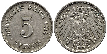 ГЕРМАНИЯ 5 ПФЕННИГОВ 1914 F KM 11, Jager 12, Weege 6 медно-никель 4547-543