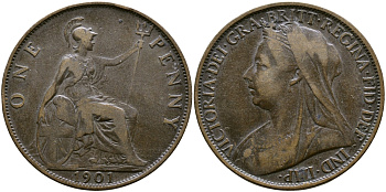 Великобритания 1 пенни 1901 Виктория (1837-1901) KM 790, Spink 3961 бронза    4364-4041