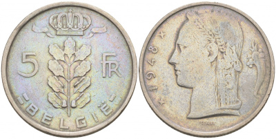 БЕЛЬГИЯ 5 ФРАНКОВ 1948 BELGIE KM 135.1 медно-никель 68-647