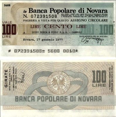 Италия 100 лир 1977 17 января 1977 La Banca popoLare Di Novara бумага UNC (пресс) 7221-70-2-2