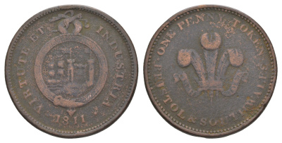 Великобритания, Бристоль и Юг Уэльса 1 пенни 1811 токен Withers 540, Davis 103 медь 1526-813