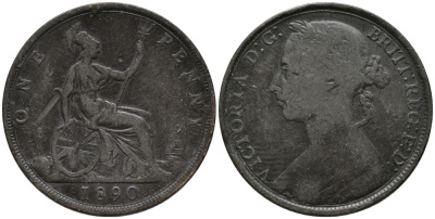 Великобритания 1 пенни 1890 Виктория (1837-1901) KM 755, Spink 3954 бронза 32-812