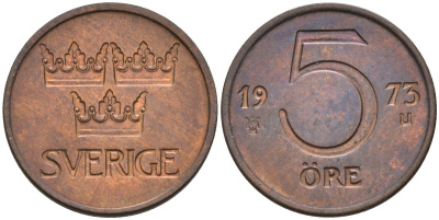 Швеция 5 эре 1973 Густав VI Адольф (1950-1973) KM 845 бронза 4585-326
