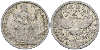 Французская Новая Каледония 2 франка 1990 птица кагу, (IEOM) KM 14, Schoen 11, Lec 66 алюминий    23-211