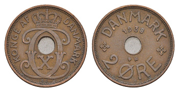 Дания 2 эре 1938 N, Кристиан X (1912-1947) KM 827 бронза 4658-252