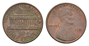 США 1 цент 1980 Авраам Линкольн KM 201 медь цинк 4674-519