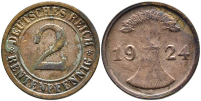 ГЕРМАНИЯ 2 РЕНТЕНПФЕННИГА 1924 E, ВЕЙМАРСКАЯ РЕСПУБЛИКА (1919-1933) KM 31, Jager 307, Weege 3 бронза 4546-811