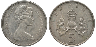 Великобритания 5 пенсов 1971 Елизавета II (1952-2022) KM 911, Spink 4233 (D1) медно-никель 4122-952