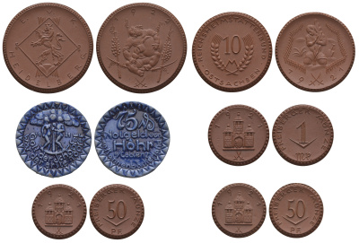 Германия (Саксония, Мейсен и Хер) набор из 6 нотгельдов (50 пфеннигов, 75 пфеннигов и 10 марок и медаль фестиваля Вина) 1921-1922 коробка Йозефа Либана - крупнейшего торговец нотгельдами в Голландии Men05 8048.8, 8048.12, Scheuch#?395 фарфор 1-4-3-08