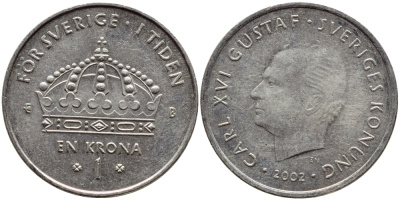 Швеция 1 крона 2002 Карл XVI Густав (1973- ) KM 894 медно-никель 4364-815