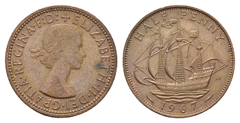 Великобритания 1/2 пенни 1967 Елизавета II (1952-2022) KM 896, Spink 4158 бронза 4663-137