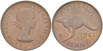 Австралия 1 пенни 1961 р, Елизавета II (1952-2022), кенгуру KM 56 бронза 4185-525