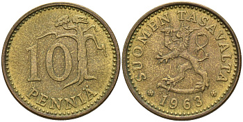 Финляндия 10 пенни 1963 KM 46 алюминиевая бронза 4152-548