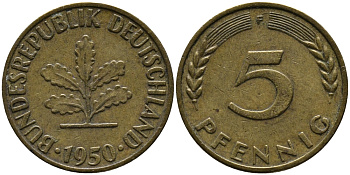 ФРГ 5 ПФЕННИГОВ 1950 F KM 107, J. 382 сталь плакированная латунью 33-212