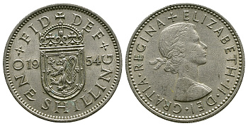 Великобритания 1 шиллинг 1954 Елизавета II (1952-2022), Шотландский герб KM 905, Spink 4148 медно-никель 4384-547