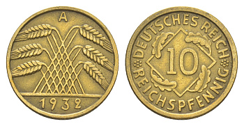 Германия 10 рейхспфеннигов 1932 A KM 40, J. 317 алюминиевая бронза 4549-832