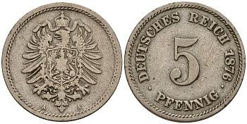 Германия 5 пфеннигов 1876 A, старогербовка KM 3, J. 3 медно-никель 4189-827