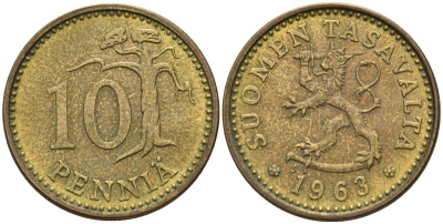 Финляндия 10 пенни 1963 KM 46 алюминиевая бронза 4152-548