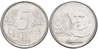 Бразилия 5 сентаво 1997 реформа 1994-, голова свободы влево KM 632 нержавеющая сталь 53-1133