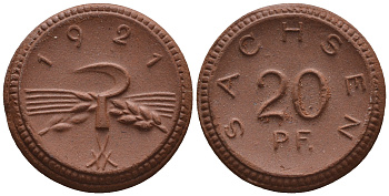 Саксония 20 пфеннигов 1921 колосья и серп J. N 53 фарфор UNC 1094-8-13