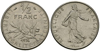 Франция 1/2 франка 1974 сеятель KM 931 никель 4135-656