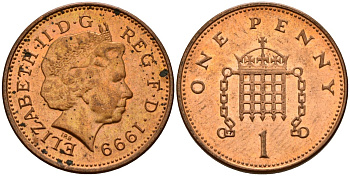 Великобритания 1 пенни 1999 Елизавета II (1952-2022) KM 986, Spink 4710 (B5) сталь плакированная медью 4154-1015