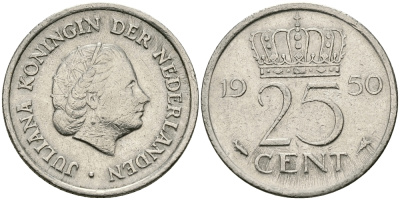 НИДЕРЛАНДЫ 25 ЦЕНТОВ 1950 ЮЛИАНА KM 183 никель 96-118