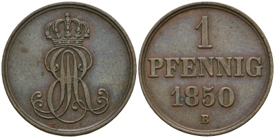 Ганновер 1 пфенниг 1850 B, Эрнст Август (1837-1851) KM 201.1, AKS 129, J. 74 медь 4608-1064